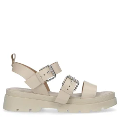 Beige Leren Plateau Sandalen Met Gespen^Sacha Fashion
