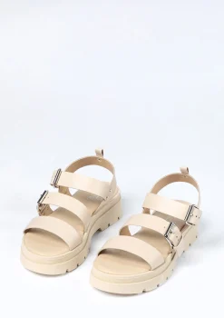 Beige Leren Plateau Sandalen Met Gespen^Sacha Fashion