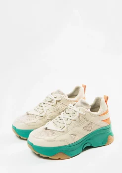 Beige Leren Platform Sneakers Met Groene Zool^Sacha Best