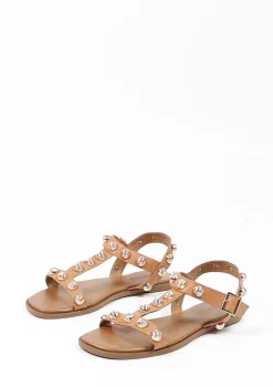 Beige Leren Sandalen Met Goudkleurige Studs^Sacha Best Sale