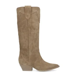 Beige Suede Cowboylaarzen Met Sierstiksels^Sacha Shop