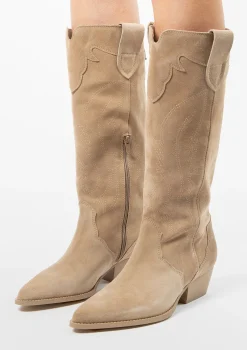 Beige Suede Cowboylaarzen Met Sierstiksels^Sacha Shop