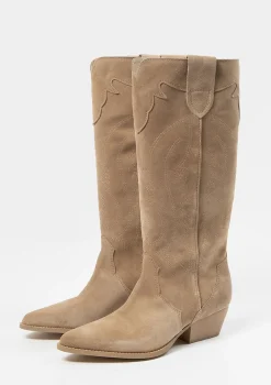 Beige Suede Cowboylaarzen Met Sierstiksels^Sacha Shop