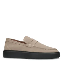 Beige Suede Penny Loafers Met Zwarte Zool^Sacha Fashion