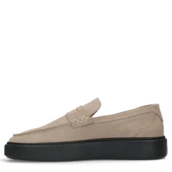 Beige Suede Penny Loafers Met Zwarte Zool^Sacha Fashion