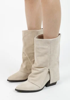 Beige Suede Western Enkellaarsjes Met Flap^Sacha Shop