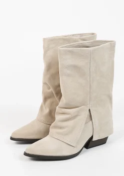Beige Suede Western Enkellaarsjes Met Flap^Sacha Shop