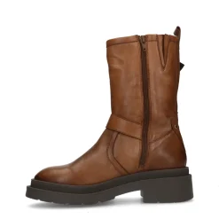 Cognac Leren Biker Boots Met Goudkleurige Gespen^Sacha Store