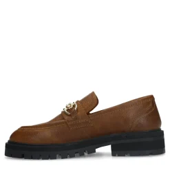 Cognac Leren Loafers Met Goudkleurige Chain^Sacha New