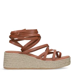 Cognac Leren Plateau Sandalen Met Strikveters^Sacha Store