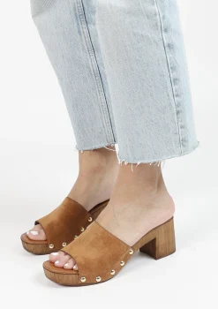 Cognac Suede Muiltjes Met Houten Hak^Sacha Best Sale
