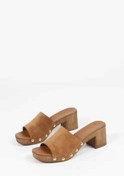 Cognac Suede Muiltjes Met Houten Hak^Sacha Best Sale