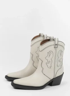 Off White Leren Cowboylaarzen Met Zwarte Sierstiksels^Sacha New