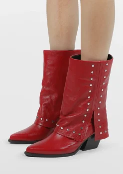 Rode Leren Laarzen Met Zilverkleurige Studs^Sacha Sale