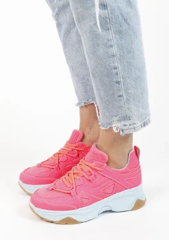 Roze Leren Platform Sneakers Met Lichtblauwe Zool^Sacha Shop