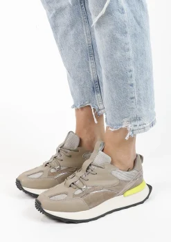 Taupe Leren Sneakers Met Limegroen Detail^Sacha Cheap