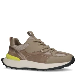 Taupe Leren Sneakers Met Limegroen Detail^Sacha Cheap