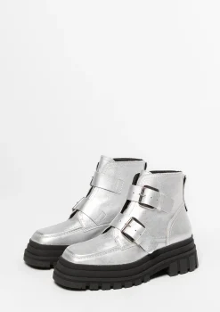 Zilverkleurige Biker Boots Met Gespen^Sacha Fashion