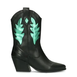 Zwarte Cowboy Enkellaarsjes Met Metallic Groene Details^Sacha Best