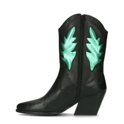 Zwarte Cowboy Enkellaarsjes Met Metallic Groene Details^Sacha Best