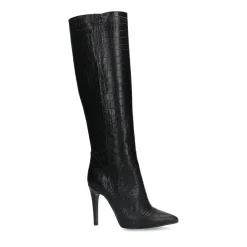 Zwarte Hoge Leren Laarzen Met Crocoprint^Sacha Store