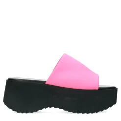 Zwarte Hoge Wedge Sandalen Met Roze Band^Sacha New