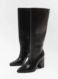 Zwarte Kniehoge Leren Laarzen Met Hak^Sacha Store