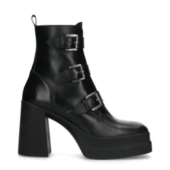 Zwarte Leren Biker Boots Met Plateau Hak^Sacha Store