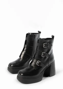 Zwarte Leren Biker Boots Met Plateau Hak^Sacha Store