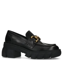 Zwarte Leren Chunky Loafers Met Goudkleurige Chain^Sacha New
