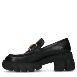 Zwarte Leren Chunky Loafers Met Goudkleurige Chain^Sacha New