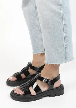 Zwarte Leren Chunky Sandalen^Sacha Outlet
