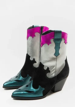 Zwarte Leren Cowboylaarzen Met Kleurrijke Metallic Details^Sacha Store