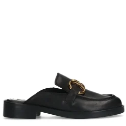 Zwarte Leren Loafer Muiltjes Met Goudkleurige Chain^Sacha Fashion
