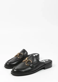Zwarte Leren Loafer Muiltjes Met Goudkleurige Chain^Sacha Fashion
