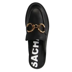 Zwarte Leren Loafer Muiltjes Met Goudkleurige Chain^Sacha Fashion
