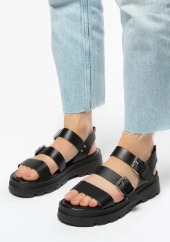 Zwarte Leren Plateau Sandalen Met Gespen^Sacha Shop