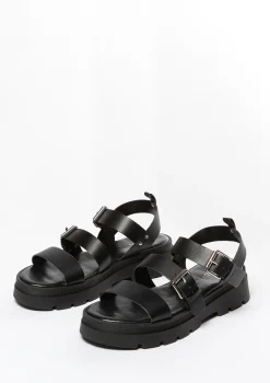 Zwarte Leren Plateau Sandalen Met Gespen^Sacha Shop