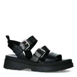 Zwarte Leren Plateau Sandalen Met Gespen^Sacha Shop