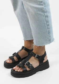 Zwarte Leren Plateau Sandalen^Sacha Best