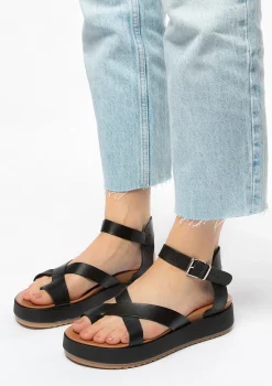 Zwarte Leren Plateau Sandalen^Sacha Sale