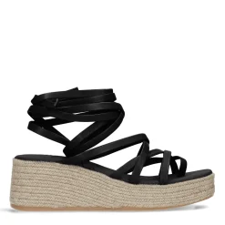 Zwarte Leren Plateau Sandalen Met Strikveters^Sacha New