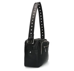 Zwarte Leren Schoudertas Met Zilverkleurge Details^Sacha Online