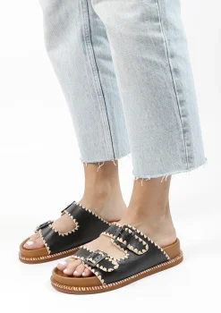 Zwarte Leren Slippers Met Gespen^Sacha Outlet