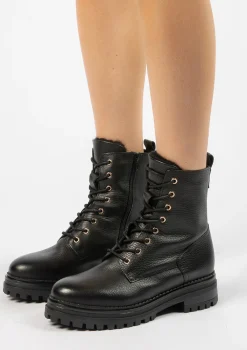 Zwarte Leren Veterlaarsjes Met Faux Fur^Sacha Outlet