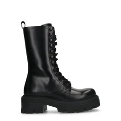 Zwarte Leren Veterlaarsjes Met Plateau Hak^Sacha New