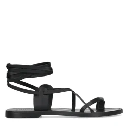Zwarte Platte Leren Sandalen Met Strikveters^Sacha Cheap